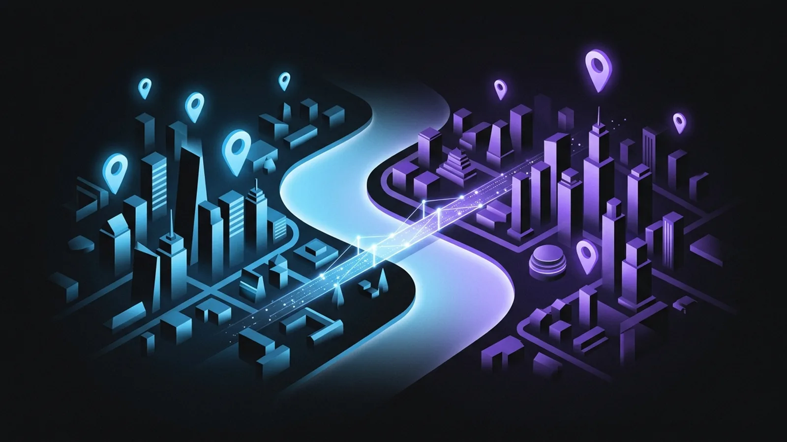 Illustration: an isometric view of two neighbouring cities separated by a glowing river, one lit blue and the other violet, linked by a bridge of light.
