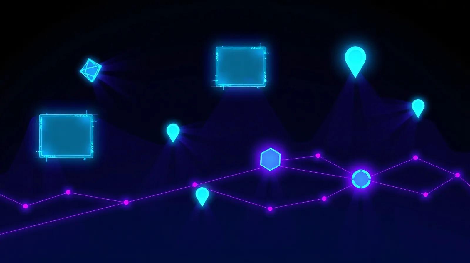 Dark abstract cover illustration for the article "Building a local competitor map with location-spoofed searches" — luminous cyan and violet tech shapes over a subtle world map, in the anywhereserp house style.