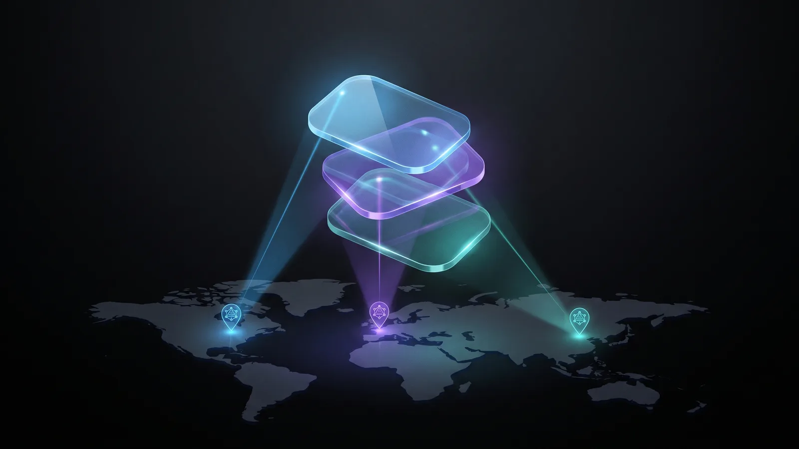 Illustration: three translucent glass parameter chips glowing sky blue, violet and teal, stacked above a dark world map, each casting a beam of light down onto a separate location pin.