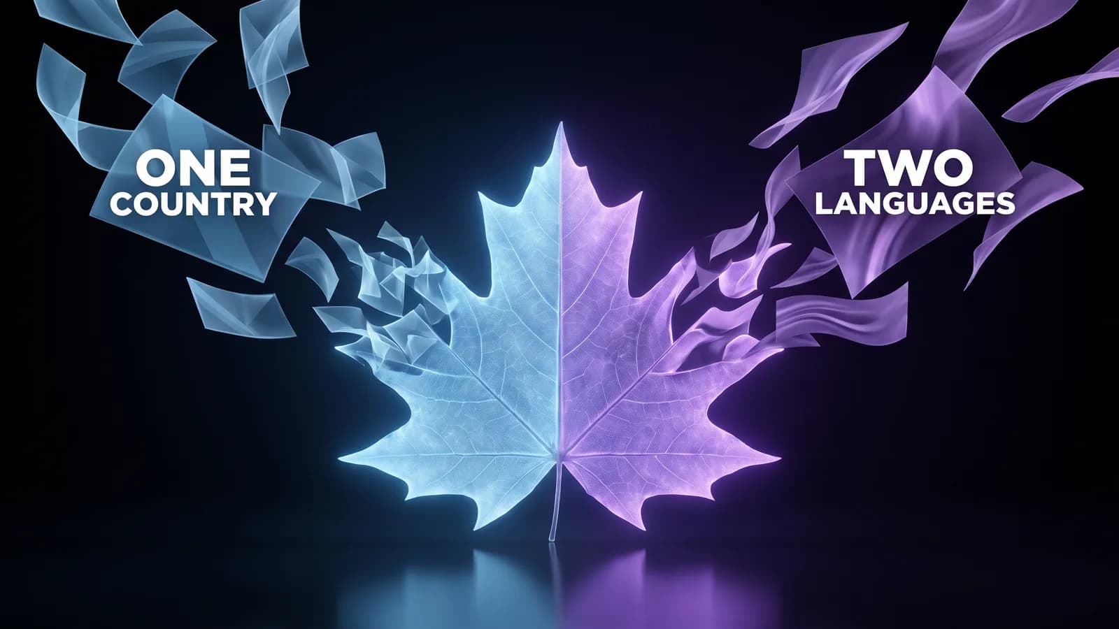 Illustration: a maple leaf split down the middle, the left half glowing blue and the right half violet, each side dissolving into drifting cards reading one country and two languages.