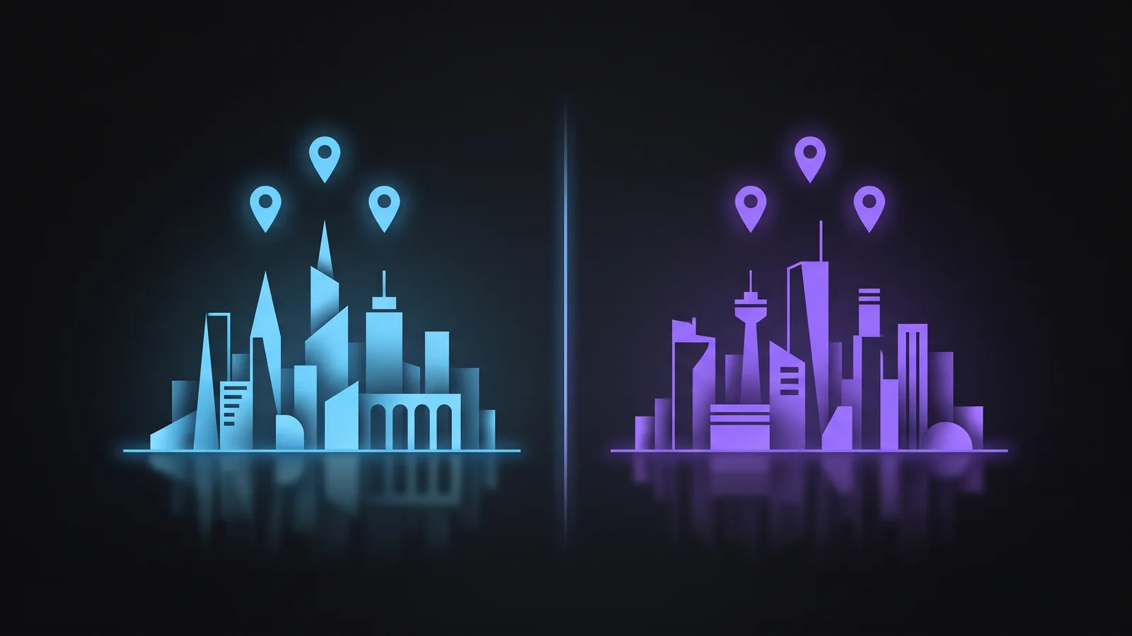 Illustration: two city skylines side by side on a dark background, one lit blue and the other violet, each topped with three glowing map pins standing in for a local pack.
