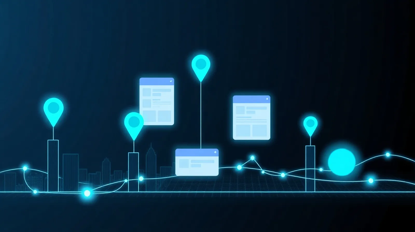 Dark abstract cover illustration for the article "How to preview competitor Google Ads in another city" — luminous cyan and violet tech shapes over a subtle world map, in the anywhereserp house style.