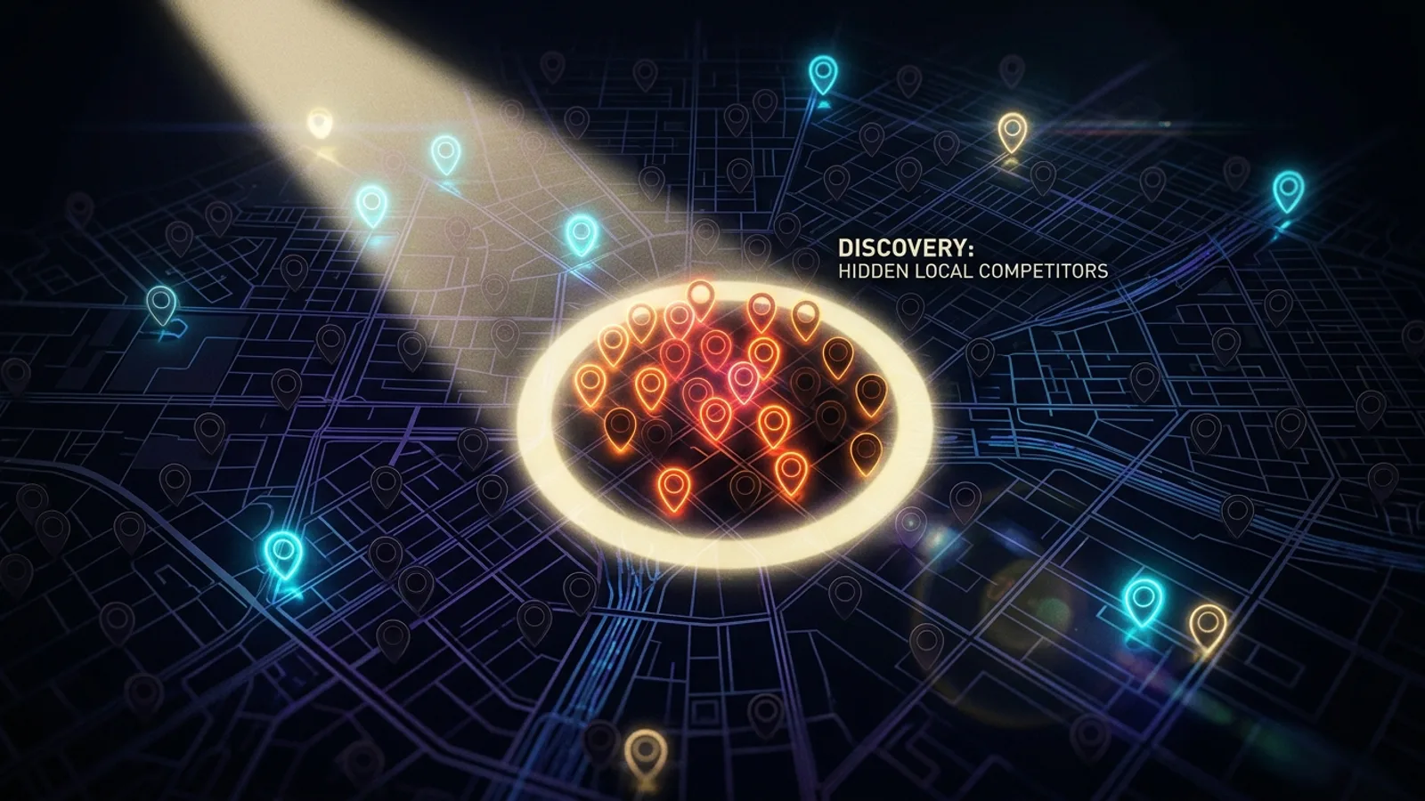 Illustration: a spotlight sweeping across a dark city street map, revealing a dense cluster of previously hidden competitor map pins among the visible ones.