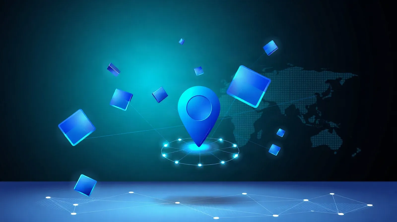 Dark abstract cover illustration for the article "Preview Google Ads competition in a new city before you spend" — luminous cyan and violet tech shapes over a subtle world map, in the anywhereserp house style.