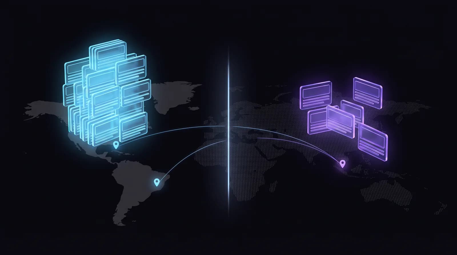 Illustration: a dark world map split in two — a dense stack of glowing cyan ad cards over one city, a sparse cluster of violet ad cards over another — showing how Google Ads competition and the number of sponsored slots differ by location.