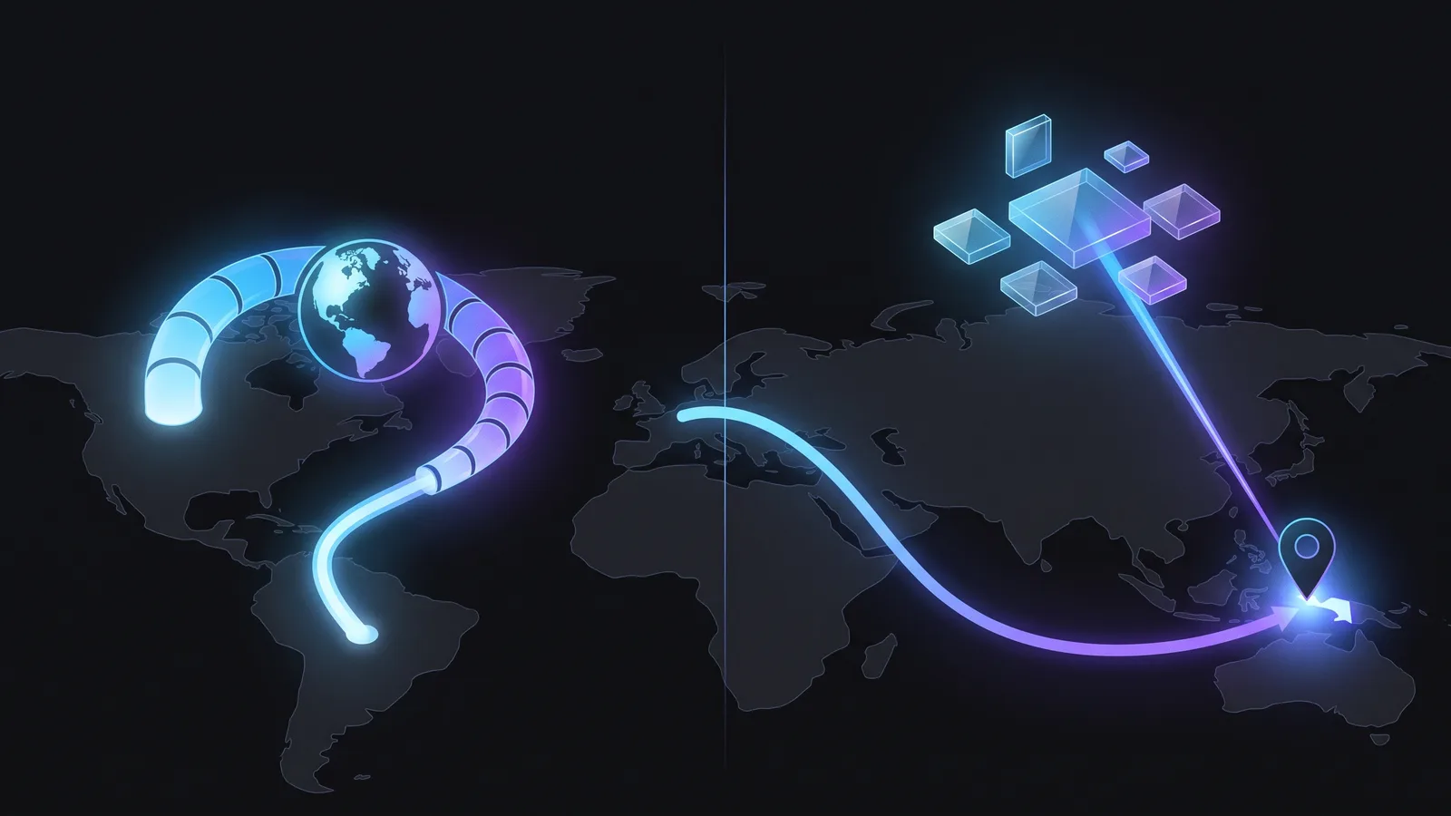 Illustration: a dark world map split in two — on the left a glowing tunnel wrapping a globe for a VPN connection, on the right translucent parameter chips beaming a ray down to a location pin — two routes to a foreign Google.