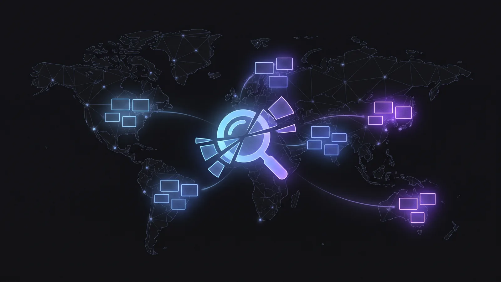 Illustration: a shattered magnifying glass at the centre of a dark world map, with clusters of glowing search-result cards over North America, South America, Europe, Asia and Australia.