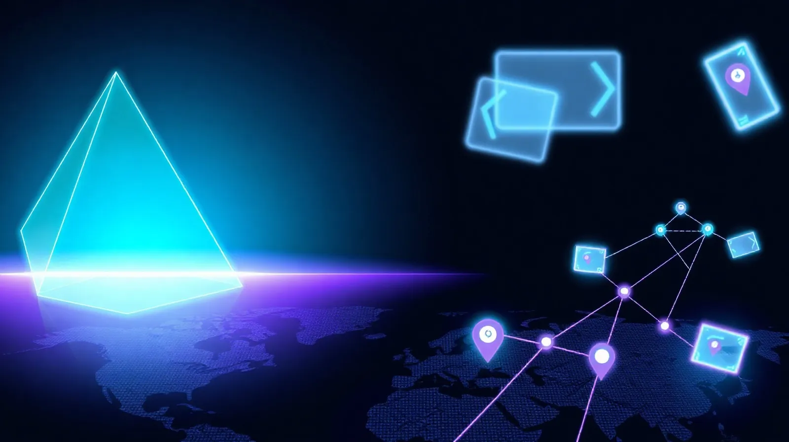 Dark abstract cover illustration for the article "Why your site ranks in the US but not the UK: an SEO fix" — luminous cyan and violet tech shapes over a subtle world map, in the anywhereserp house style.