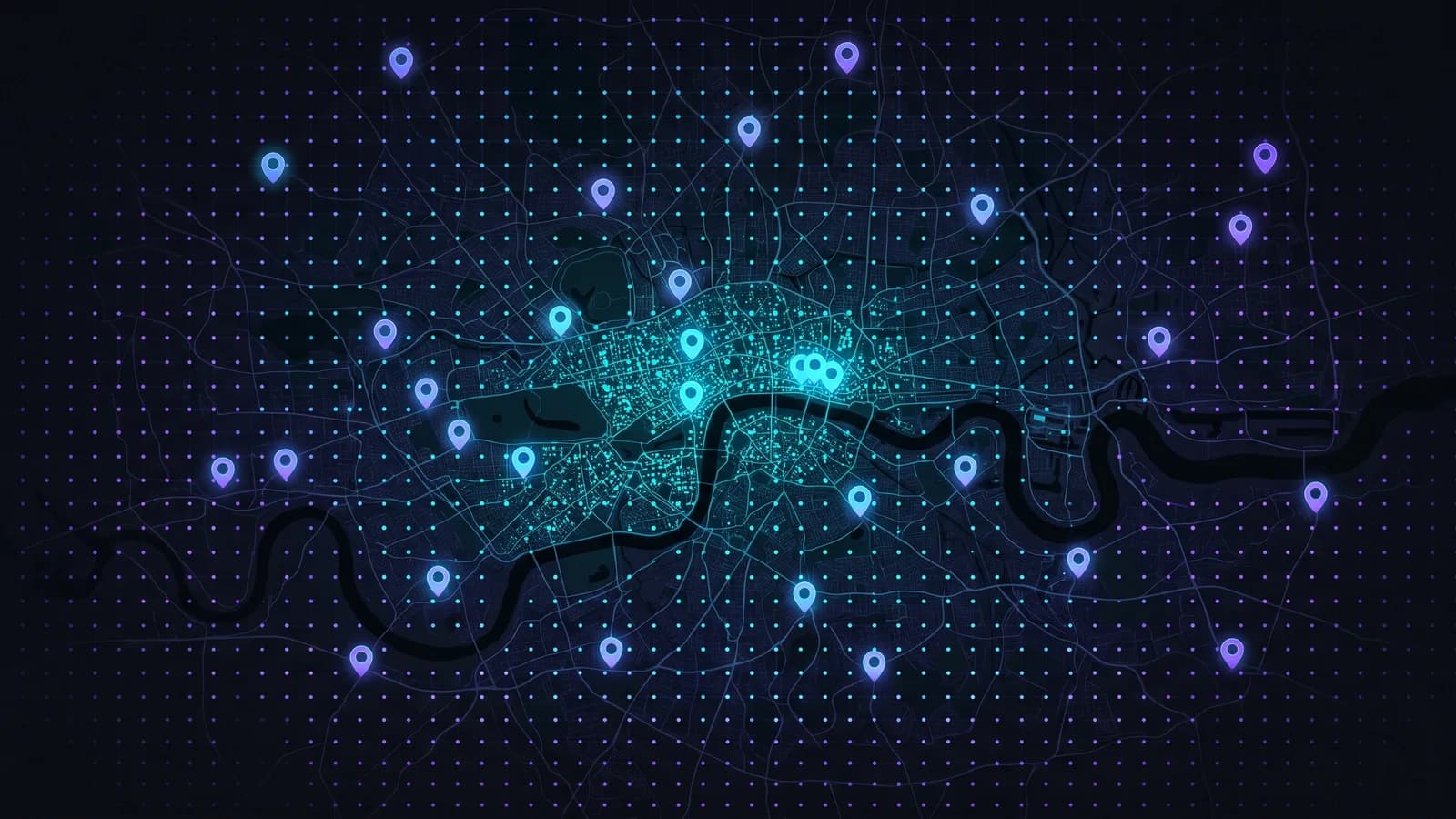 Illustration: a lattice of glowing measurement points laid over a dark metropolitan map, teal where the grid is dense at the centre and violet toward the edges, with map pins scattered across the region marking multiple business locations.